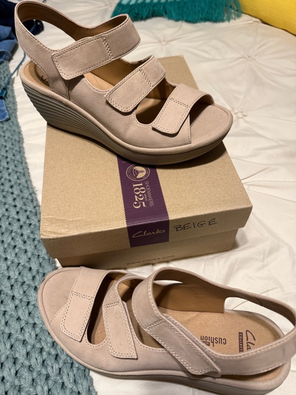 Clarks Light Beige Suede Wedge Sandals with Triple Straps